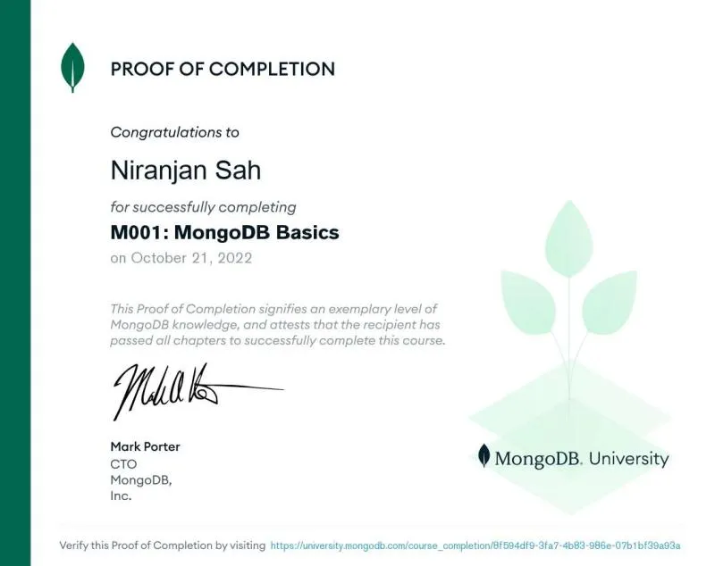 MongoDB Basics certificate